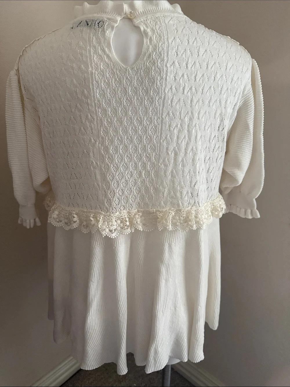 Zara Cream Lace-Trim Ruffled Babydoll Knit Top - XL